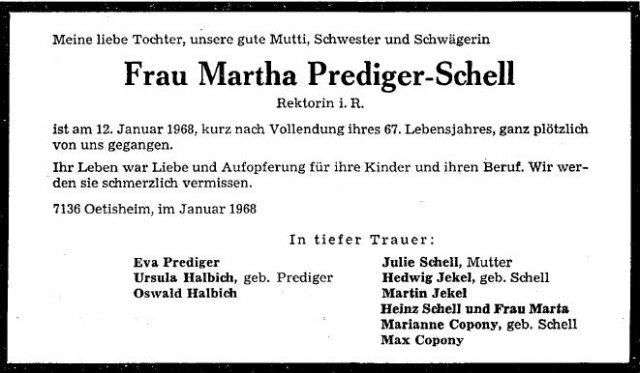 Schell Martha 1900-1968 Todesanzeige